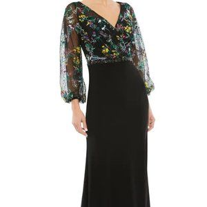 Mac Duggal Black Floral Illusion Beaded Waist Long Sleeve Column Gown